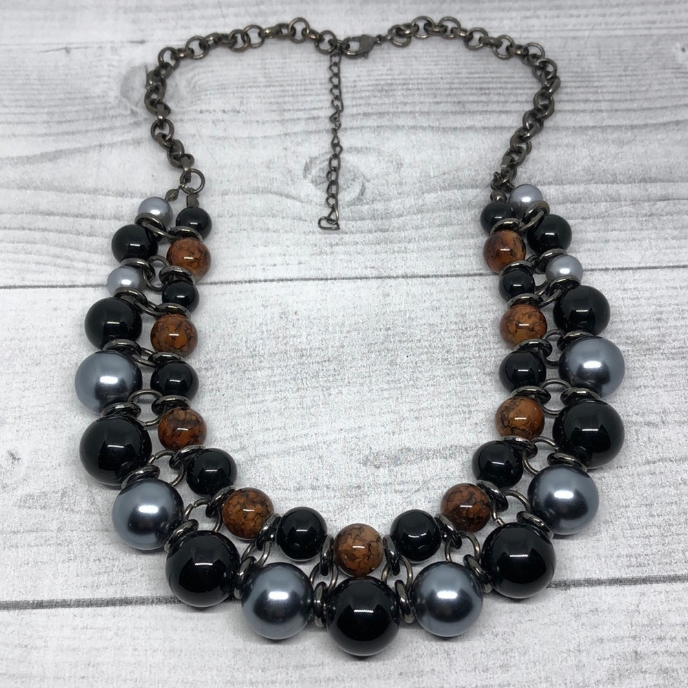 Gunmetal chain beaded statement dressy necklace ceramic - metal beads.